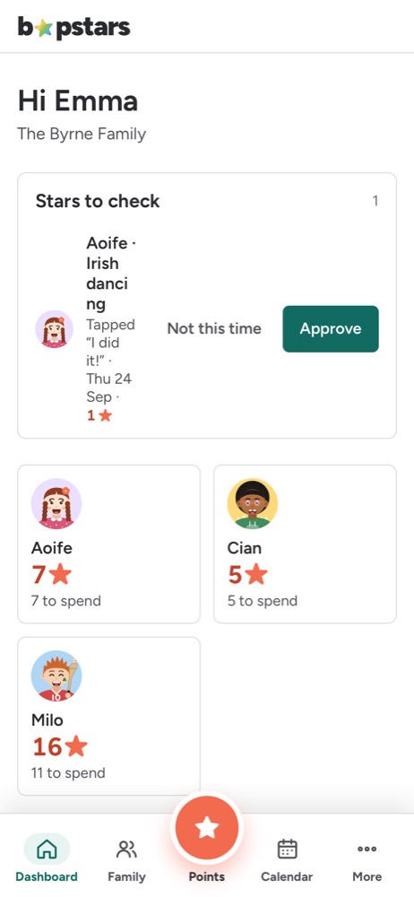 A parent’s home screen in Bopstars with what’s on this week